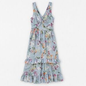 Urban Daizy M Floral Tiered Maxi Dress Ruffle V Neck Blue Gray Boho